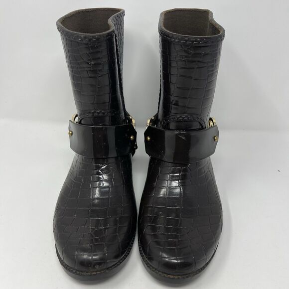 Michael Kors Rain Booties Dark Brown Croc Embossed Equestrian Rubber Rainboot S7 - Picture 2 of 14